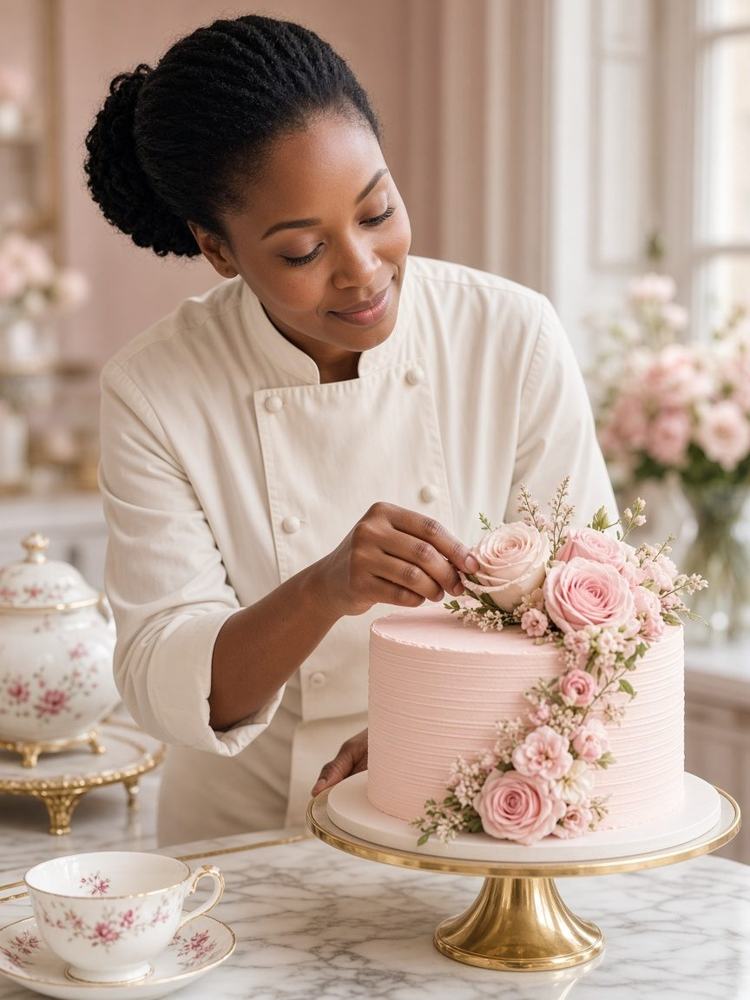 Julie finishing a blush buttercream cake with fresh garden roses on a marble counter