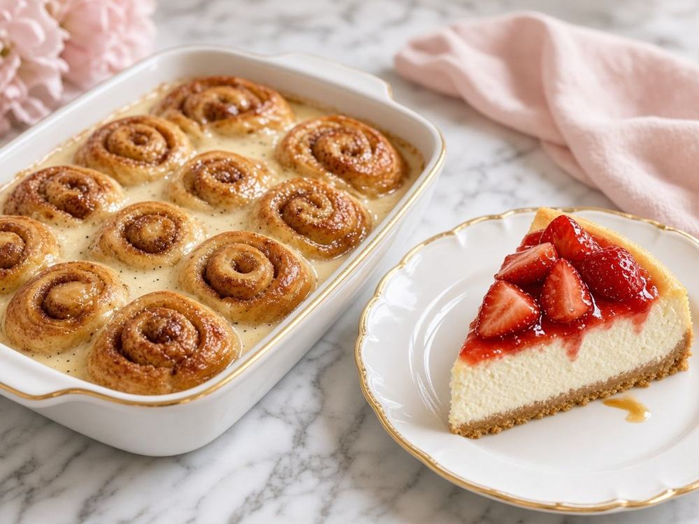 Southern butter rolls in vanilla butter sauce beside a strawberry cheesecake slice