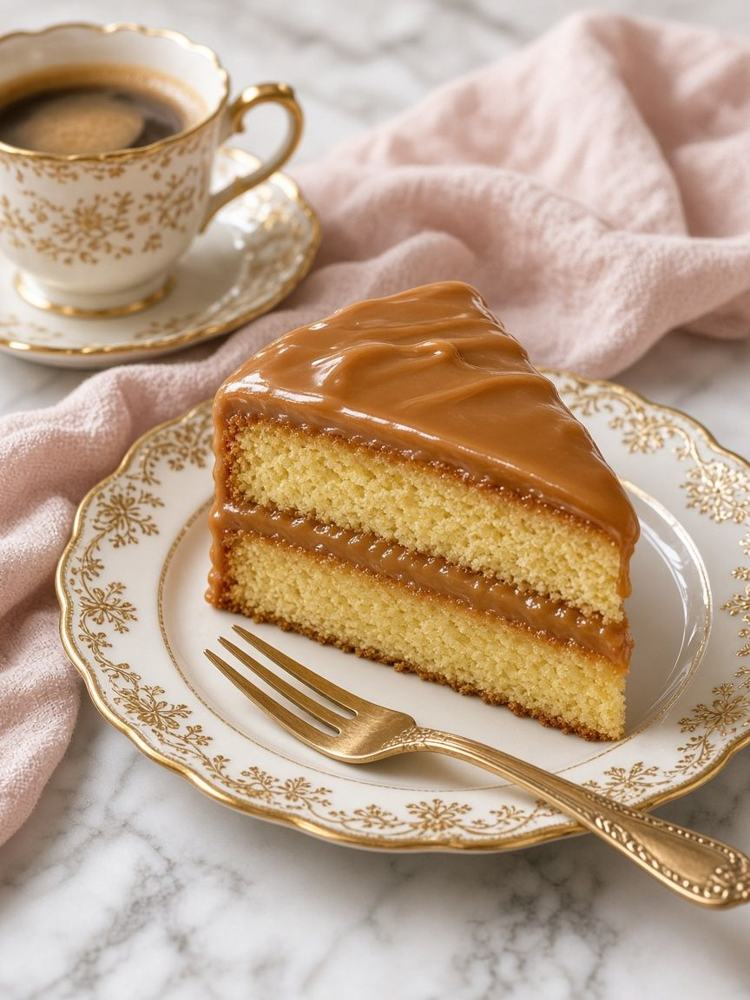 A slice of Southern caramel cake on gold-rimmed china with coffee
