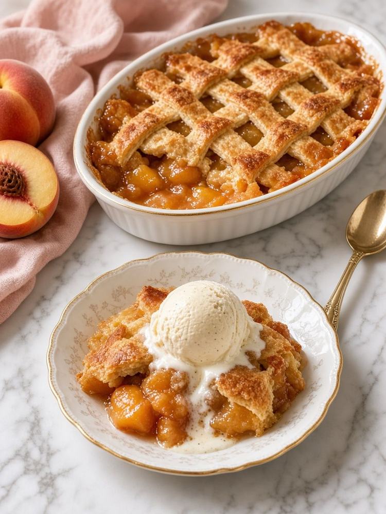 Peach cobbler with a lattice crust and a serving with vanilla bean ice cream