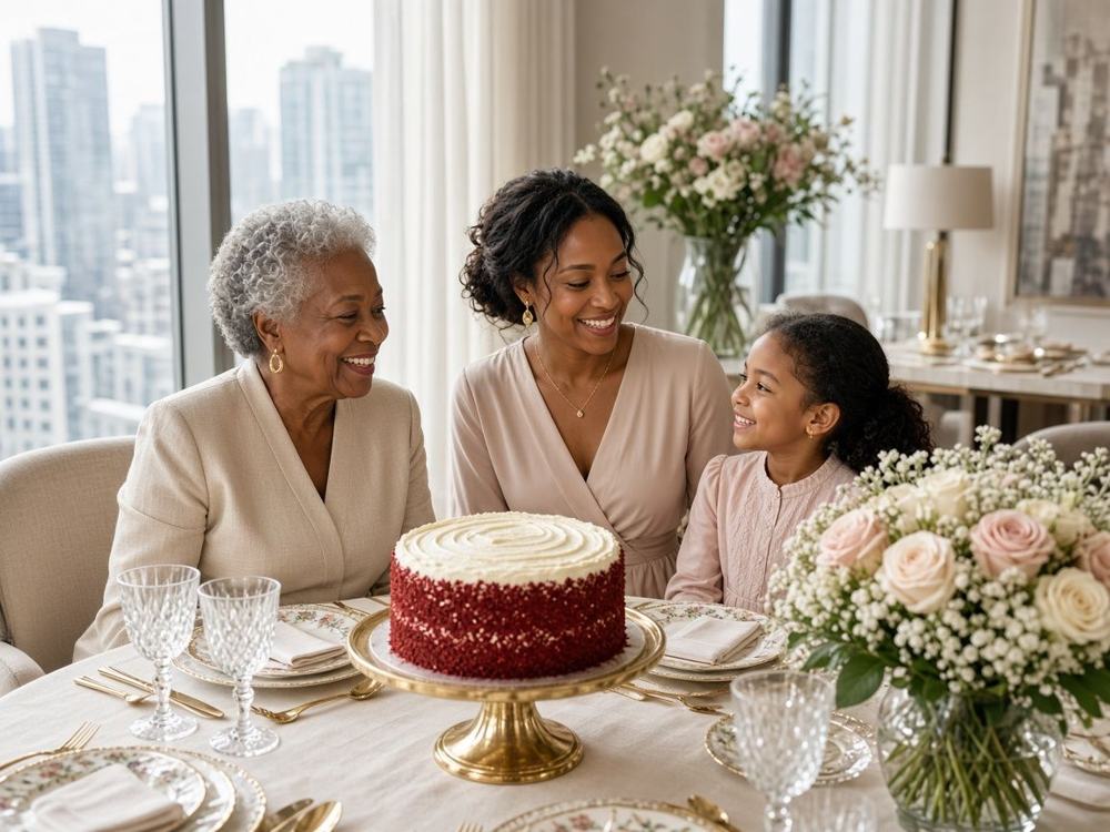 Three generations of women smiling around a red velvet cake at a dining table in a bright city apartment