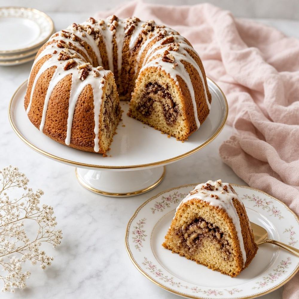 A sock-it-to-me bundt cake with cinnamon pecan swirl and vanilla glaze