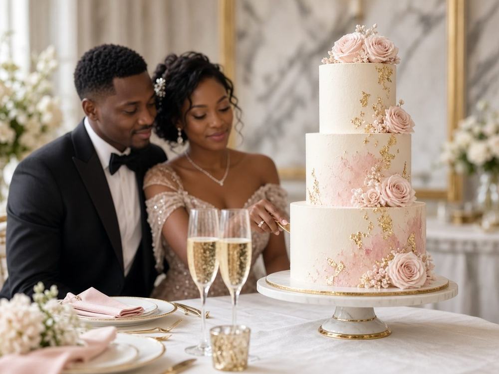 A newlywed couple cutting a three-tier ivory and blush wedding cake with gold leaf