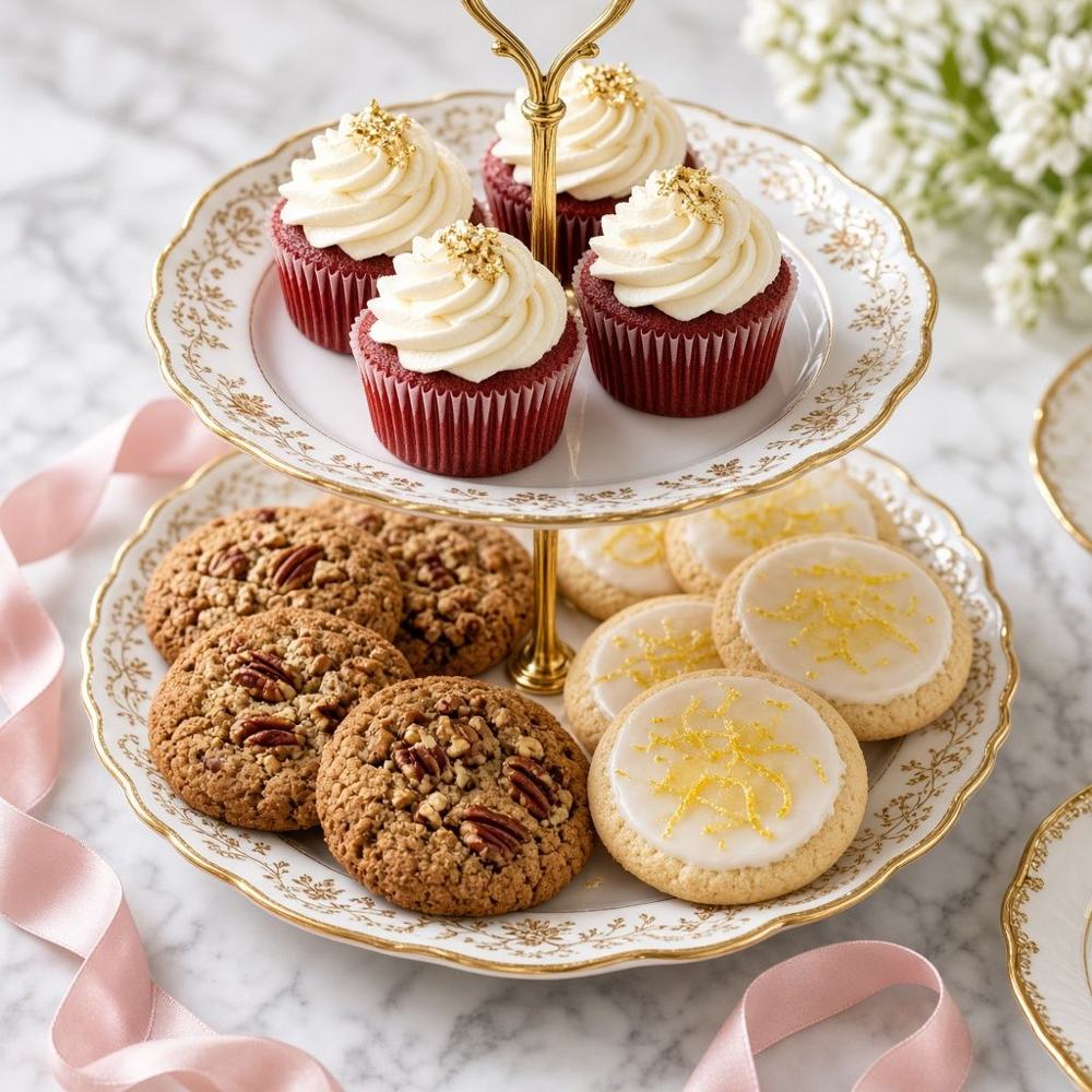 Red velvet cupcakes with gold flakes, pecan cookies and iced lemon cookies on a tiered china tray