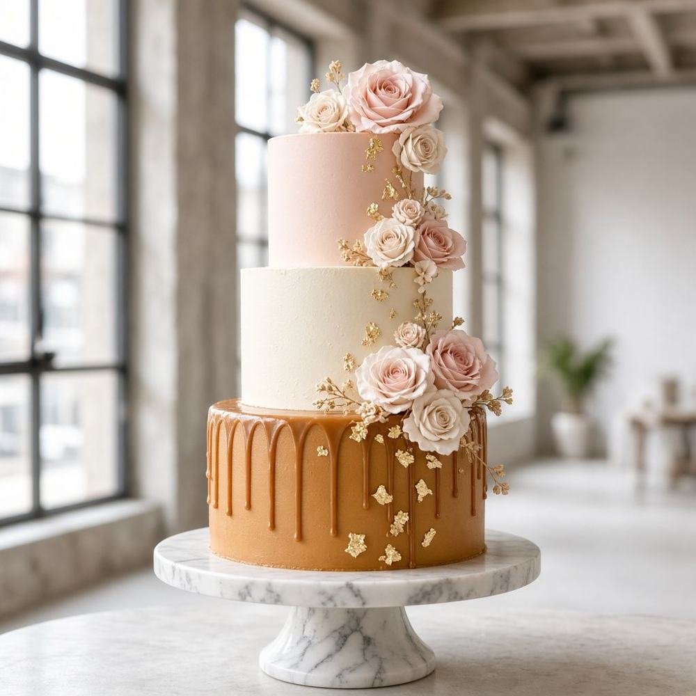 A three-tier celebration cake with a caramel base tier, ivory and blush tiers, sugar roses and gold leaf