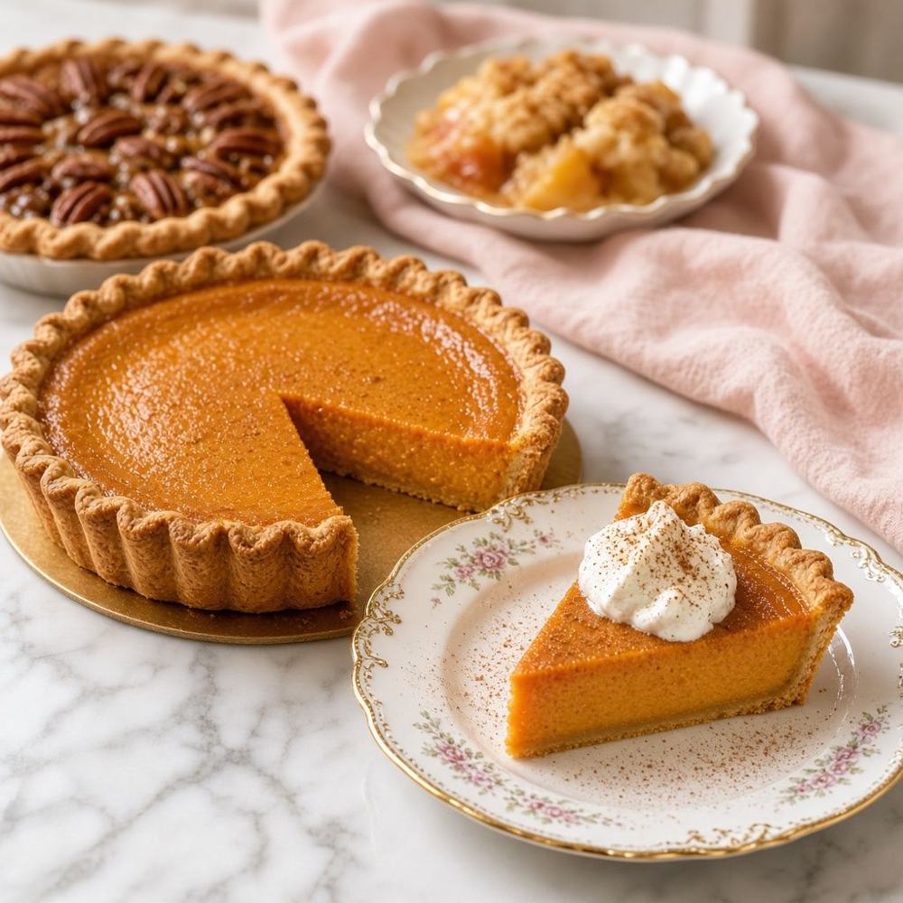 Sweet potato pie with a slice and whipped cream, pecan pie and peach cobbler