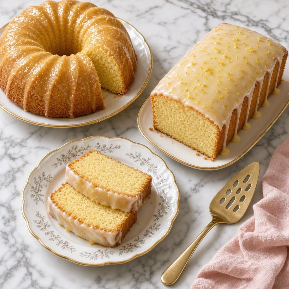 A glazed 7Up pound cake and a lemon pound cake with slices on gold-rimmed china