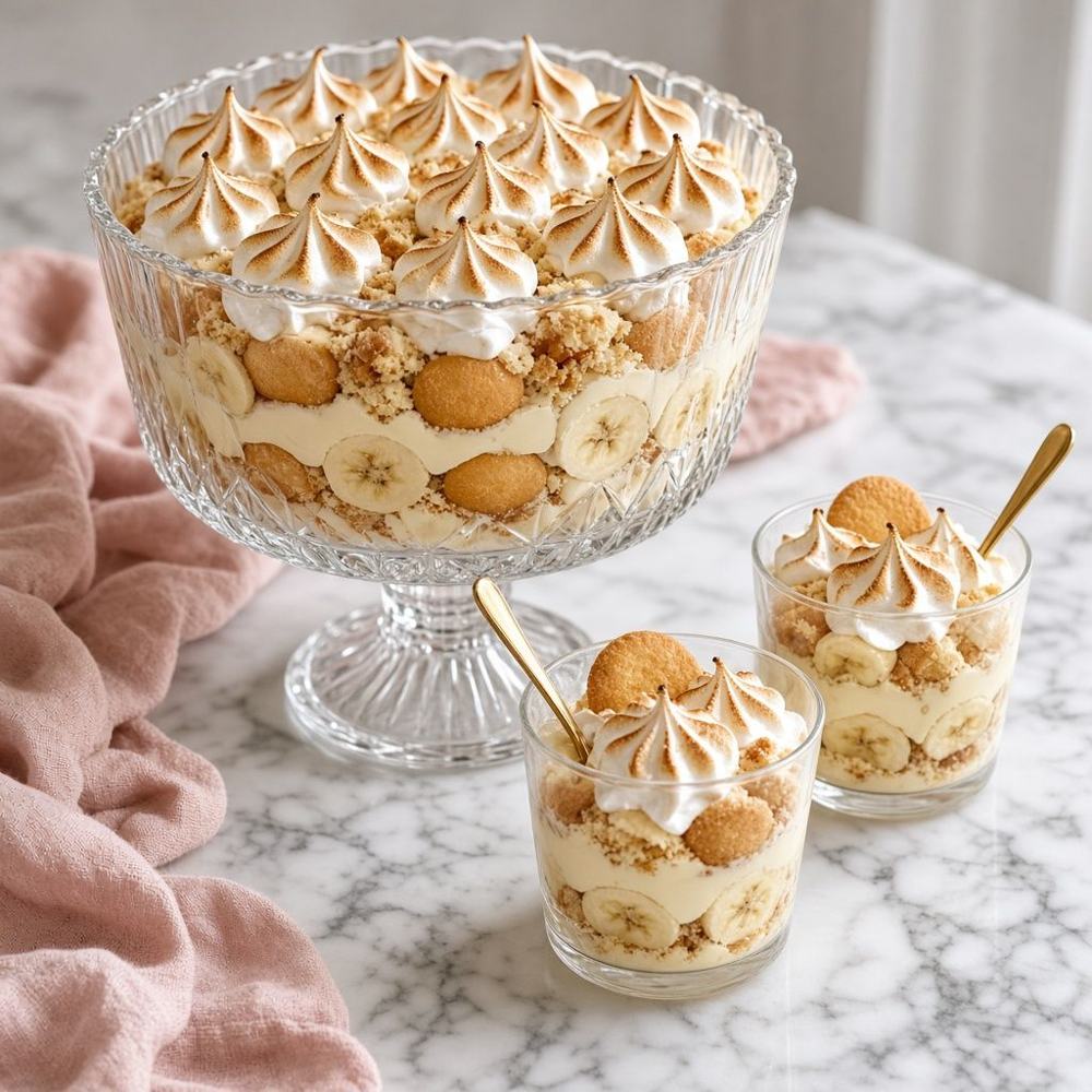Banana pudding in a crystal trifle bowl with toasted meringue, beside individual cups